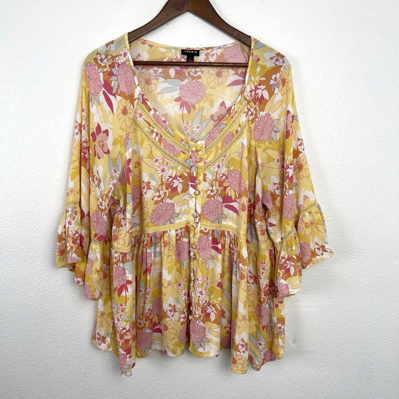 Torrid Peasant Blouse Top Womens Plus Size 2X Yellow Floral Boho Crochet Lace - Picture 1 of 9
